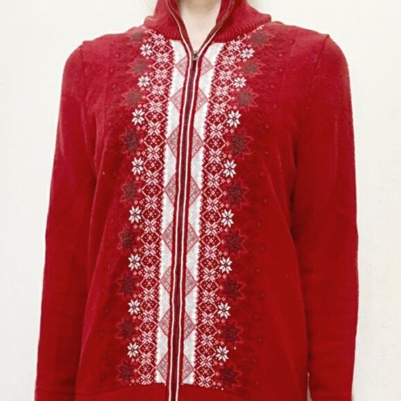 Eddie Bauer Vintage Red Snowflake Fair isle Zip Front Cardigan Sweater Ski - Picture 3 of 14